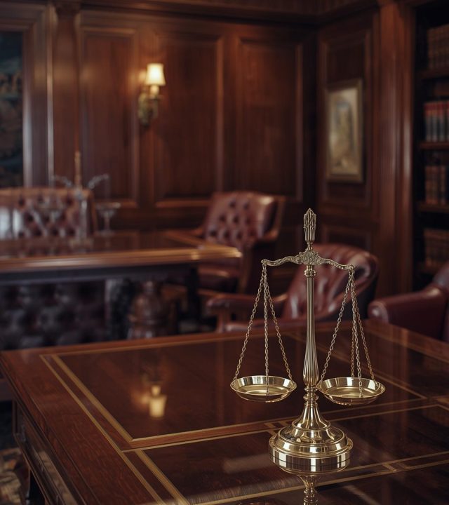 Uşak Saçlı Hukuk Arabuluculuk | Hukuk Bürosu İç Mekanı ve Adalet Terazisi Görseli